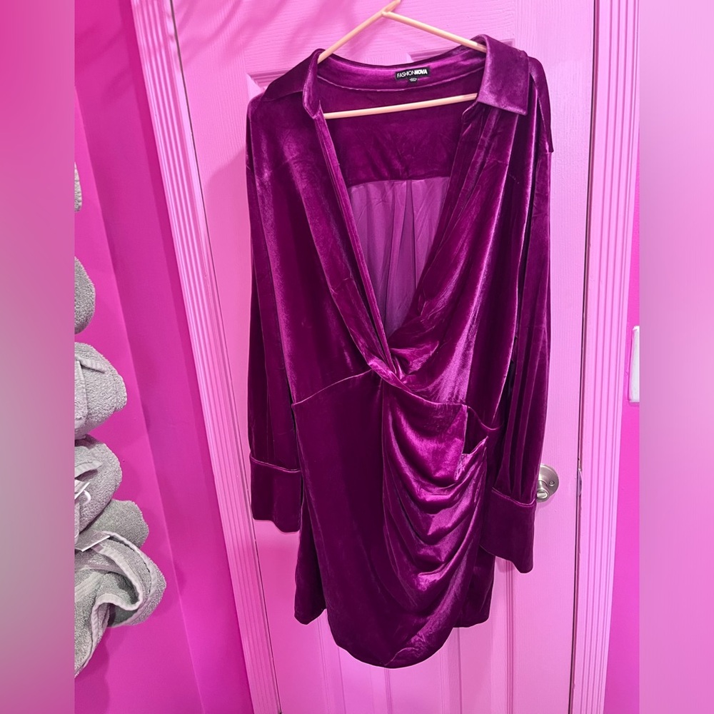 Fuschia velvet dress.